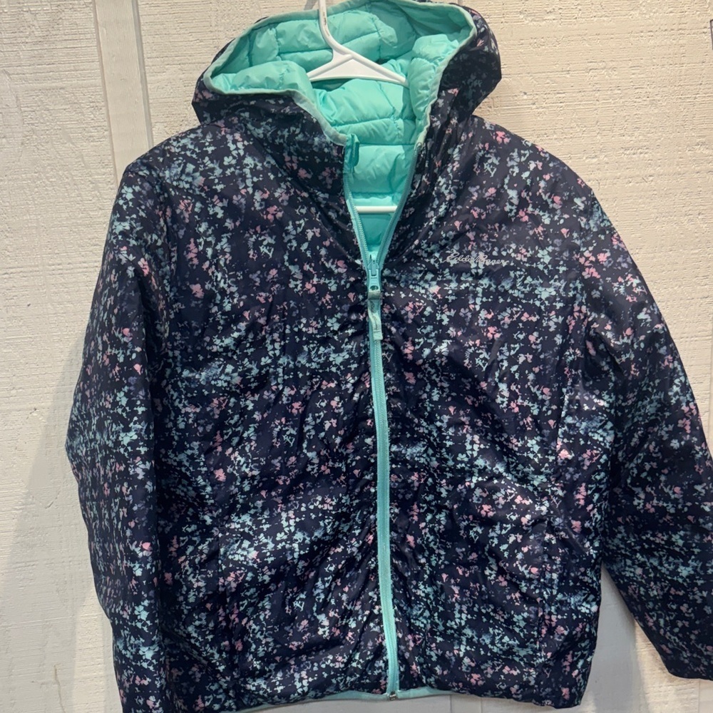 Eddie Bauer reversible navy print / aqua Hooded puffer Jacket 14/16 large kids
